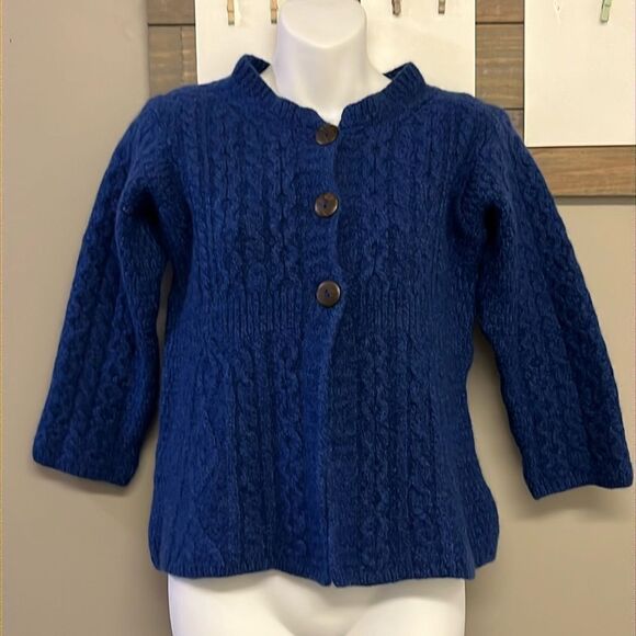 Carraigdonn Made in Ireland Blue Fit Flare Cable Knit Merino Wool Cardigan-Small - Picture 1 of 13